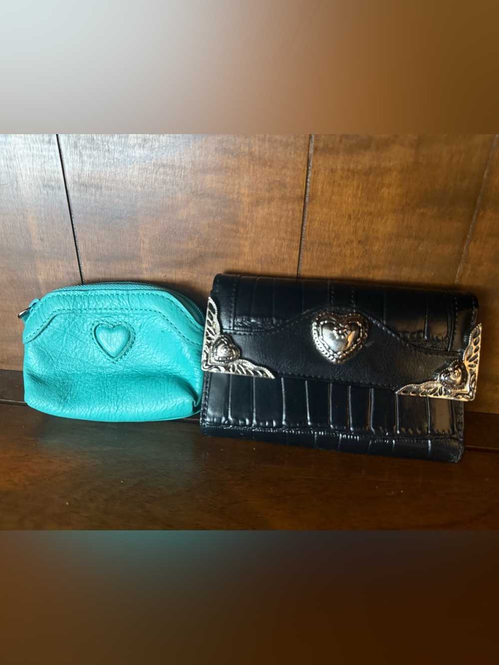Brighton Leather Lot of 2: Black Croc Trifold Wallet & Teal Heart Coin Purse
